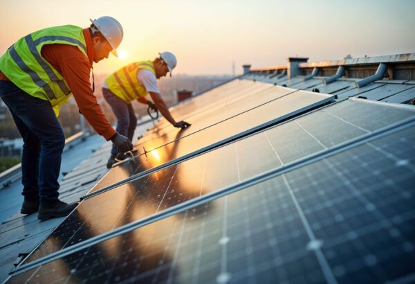 1Up Pro crew installing solar panels on a New Mexico rooftop